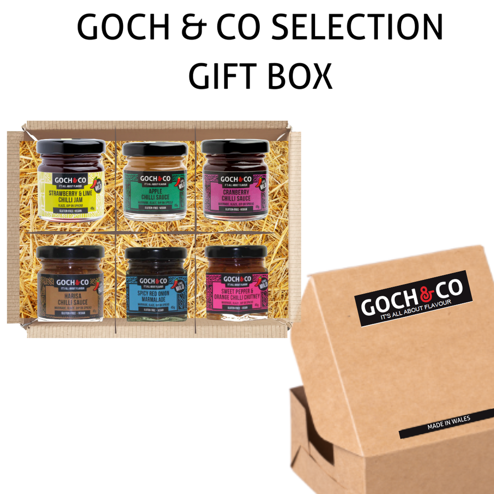 Goch & Co gift box with six jars of different flavours on a white background
