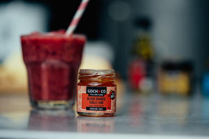 
                  
                    Quick Strawberry, Kiwi and Blood Orange Smoothie. Serves 4. Ingr. - 100g Kiwi, 250g Strawberries, 250g Yogurt, 2 tbsps Blood Orange Chilli Jam, 150g ice. Blend ingredients until smooth, add ice and pulse until crushed. Serve and garnish with mint sprigs.
                  
                