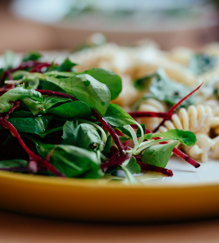 Best Green Salad with Pasta drizzled with gourmet olive oil for real flavour. Quick and Easy.