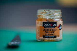 
                  
                    Open jar of the Exotic Citrusy Chilli Jam, gluten free chilli jam suitable for vegans.
                  
                